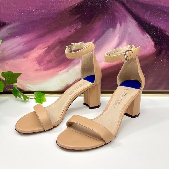 Stuart Weitzman 75 LessNudist Leather Ankle Strap Block Heel Sandals in Beige‎ 6 - Picture 6 of 13